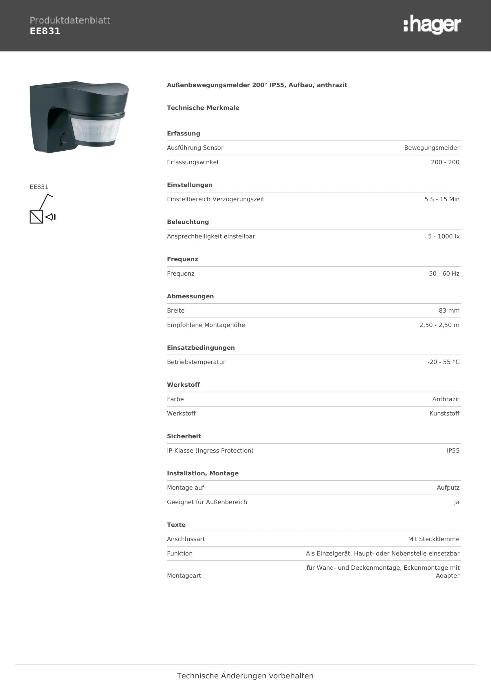 Bewegungsmelder 200G IP55 anthrazit EE831 3250612258314 Hager