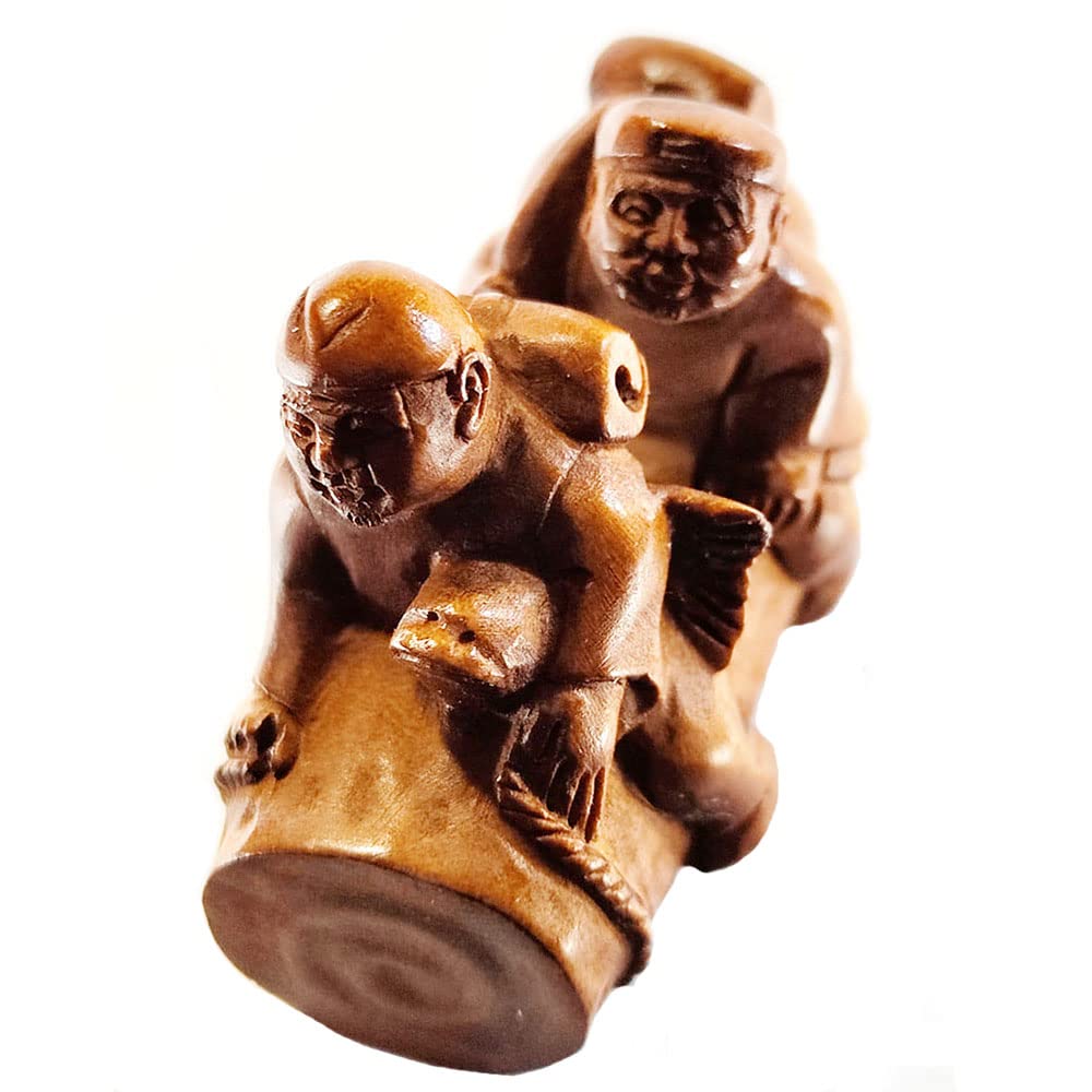 Hiuhiu Wooden 2 "Hand Carved Japanese Boxwood Netsuke Figurine Carving: 2 Fishmen On Boat