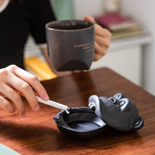 Miniatura 5 de Ceniceros de cerámica para cigarrillos, cenicero grande a prueba de viento con tapas para decoración, bonita bandeja de cenizas de interior y