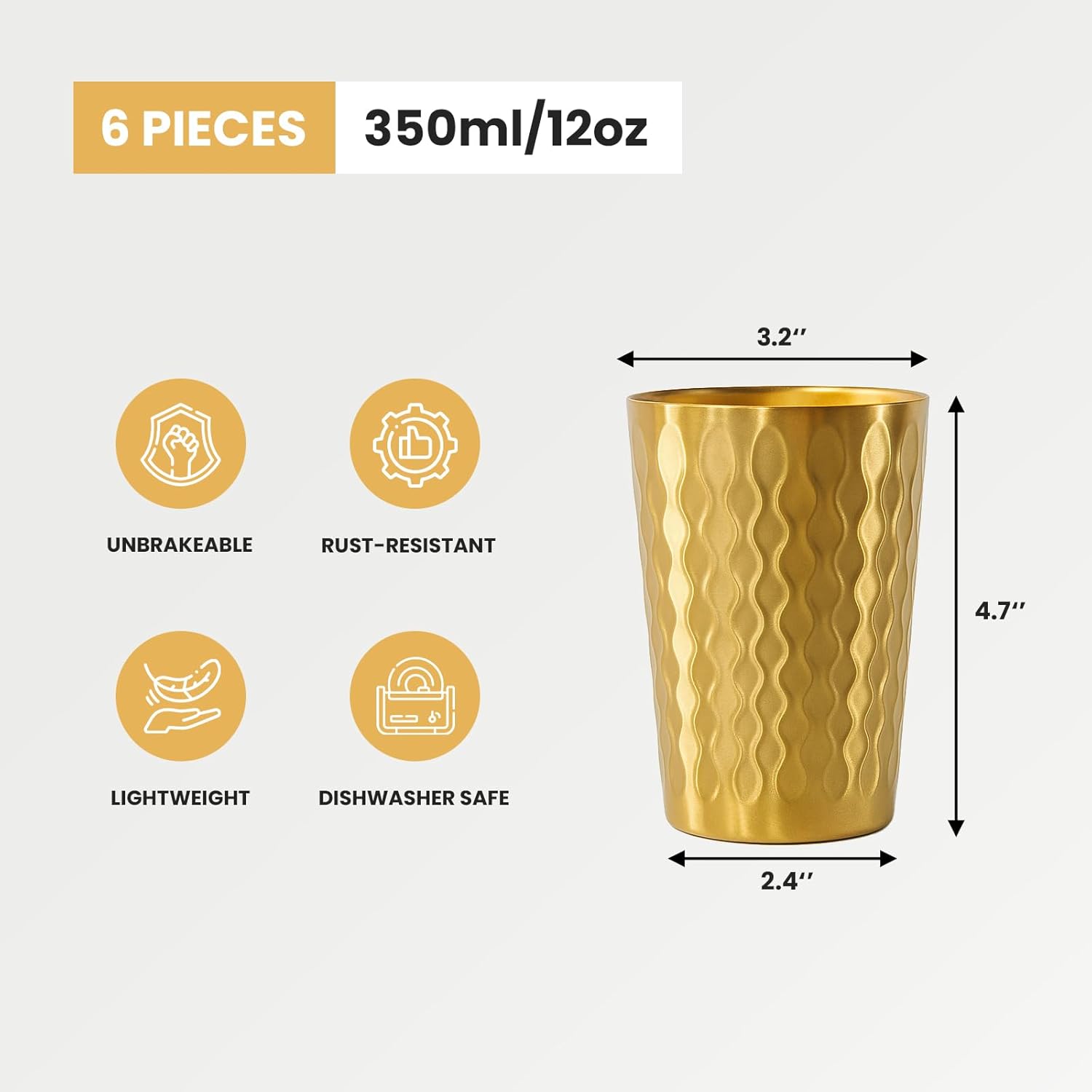 6 Pack 12 oz Stainless Steel Insulated Cup, Wave Pattern Double Wall Vacuum Small Metal Cup, Reusable Camping Cups Unbreakable Indoor Outdoor for Party, Home, Office, BBQ, Gold - Image 2