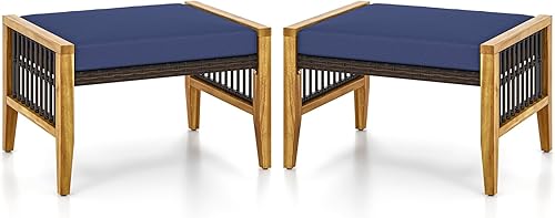 Miniatura 10 de Tangkula Otomanas de ratán de 2 piezas, reposapiés de mimbre para exteriores con asas de madera de acacia, cojines suaves con cremallera, reposapiés