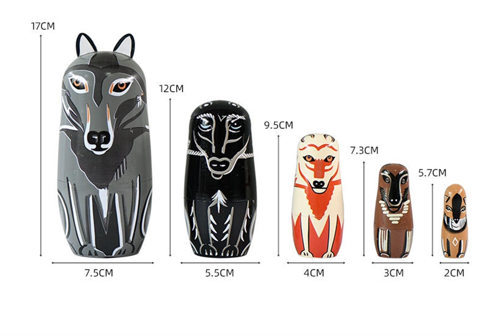 Matrioszki Matrioszka Lalka Rosyjska Rosyjskie Lalki Gniazdujące Układające Drewniane, Ręcznie Robione Lalki Matryoshka W Kształcie Wilka, 5-częściowe Urocze Zwierzę Z Kreskówek Rosyjskich Lalek Rosyj