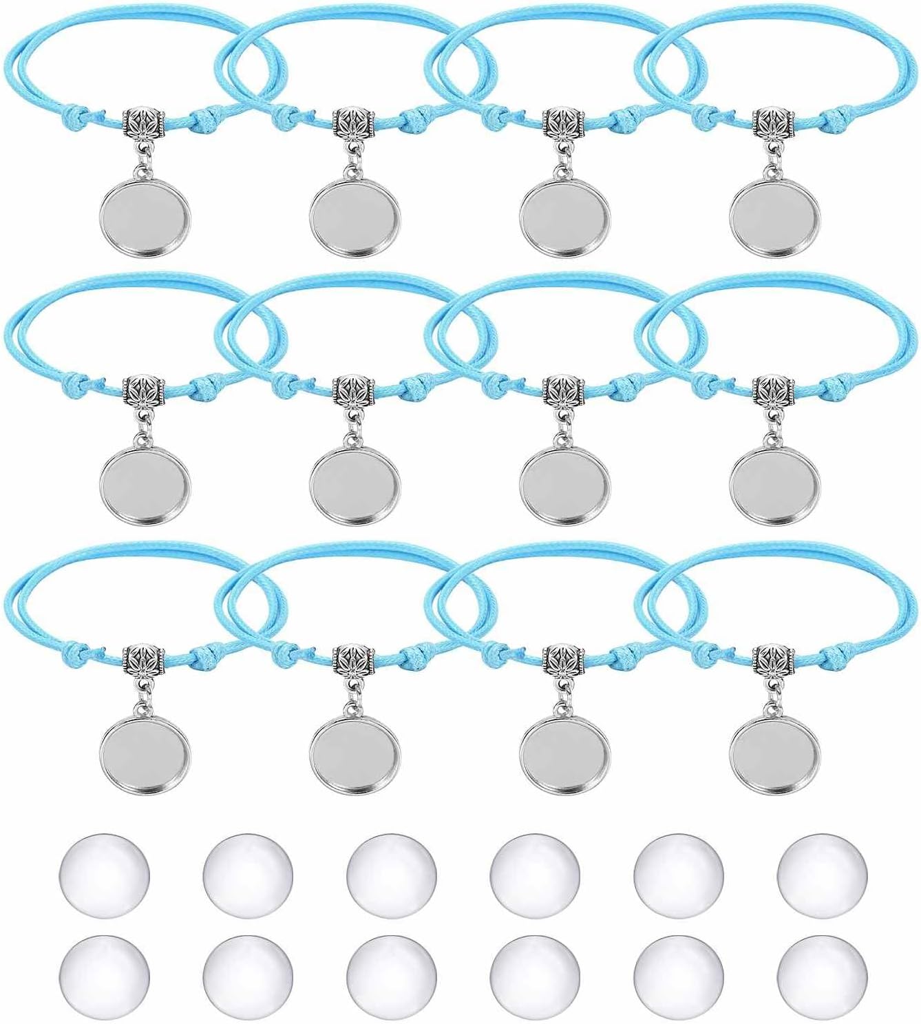 MECCANIXITY Bracelet Blanks for Jewelry Making 12pcs 16mm Light Blue Color Adjustable Alloy Round Bezel Tray Base Settings with 16mm Clear Glass Multi