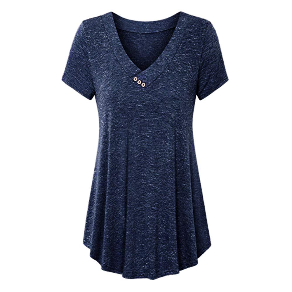 Foowni Women Casual Plus Size V-Neck Solid Tops Button Short Sleeve Blouse Shirt