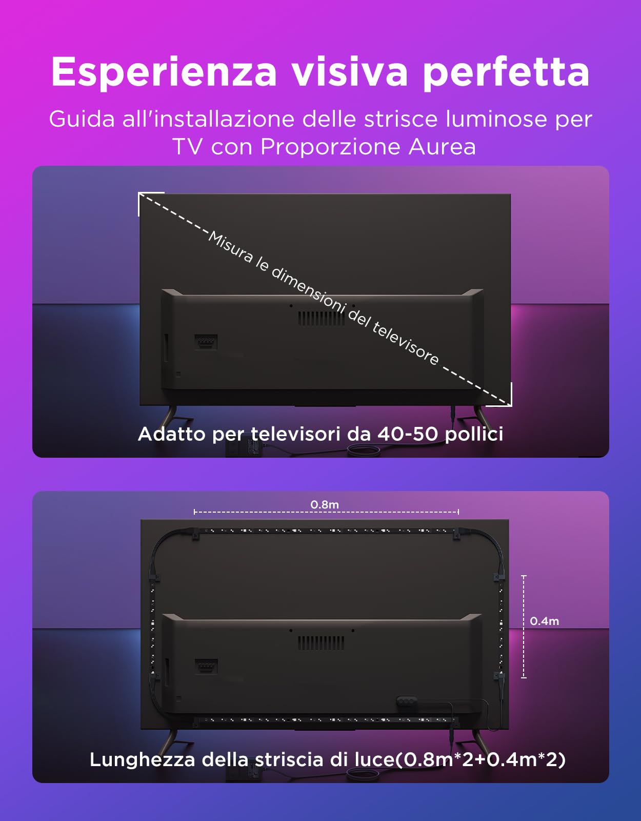 Govee TV LED Backlight, Intelligenti RGBIC da 2,4M per TV da 40-50 pollici, Striscia LED Intelligente con Controllo Bluetooth e Wi-Fi, Funziona con Alexa e Google Assistant, Sincronizzazione Musicale