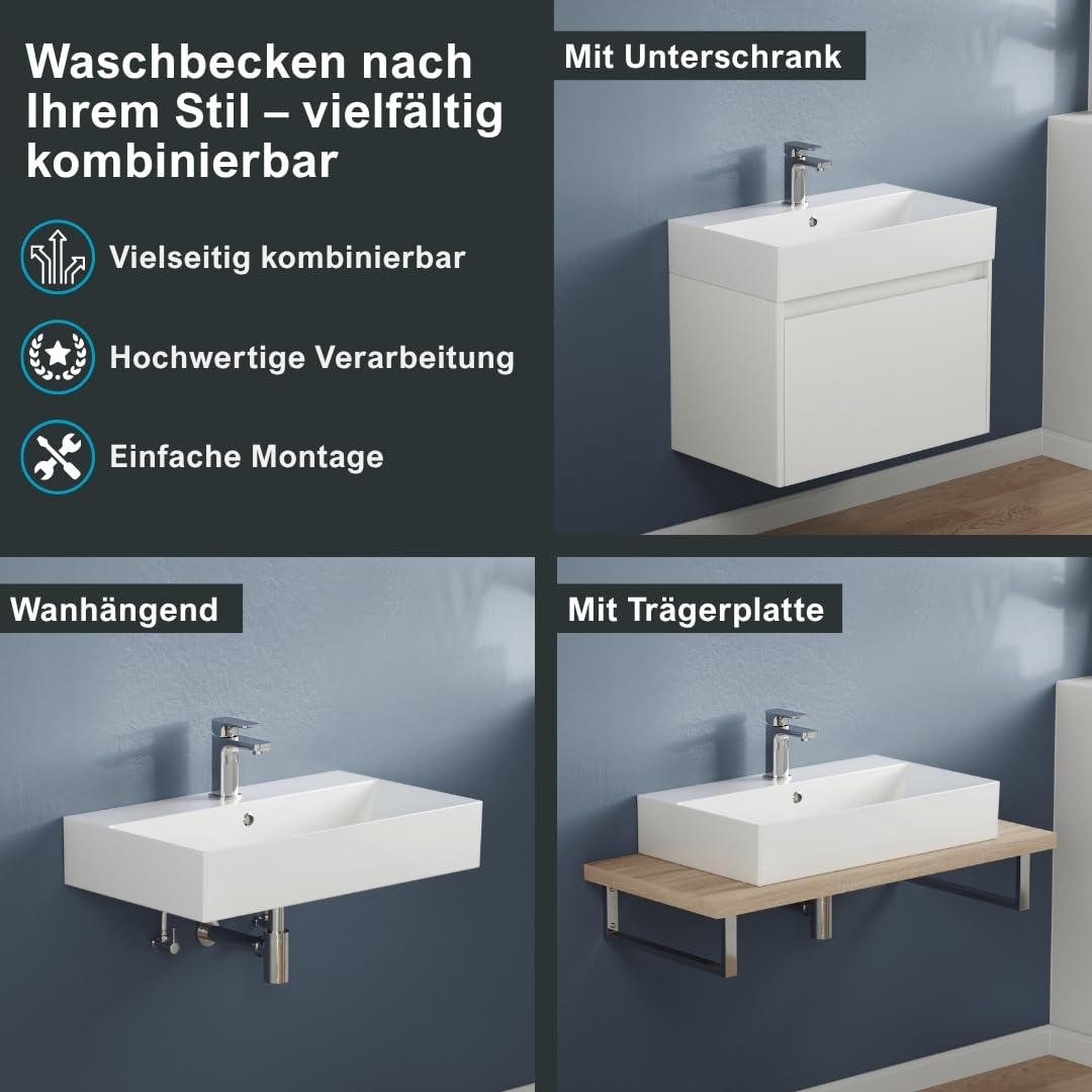 Aqua Bagno lavabo grande 90 cm rectangular cerámica blanco brillo, lavabo suspendido para baño moderno con orificio para grifo y rebosadero, diseño contemporáneo y fácil de limpiar | Lavabo colgante de borde fino con agujero para grifo y rebosadero, color