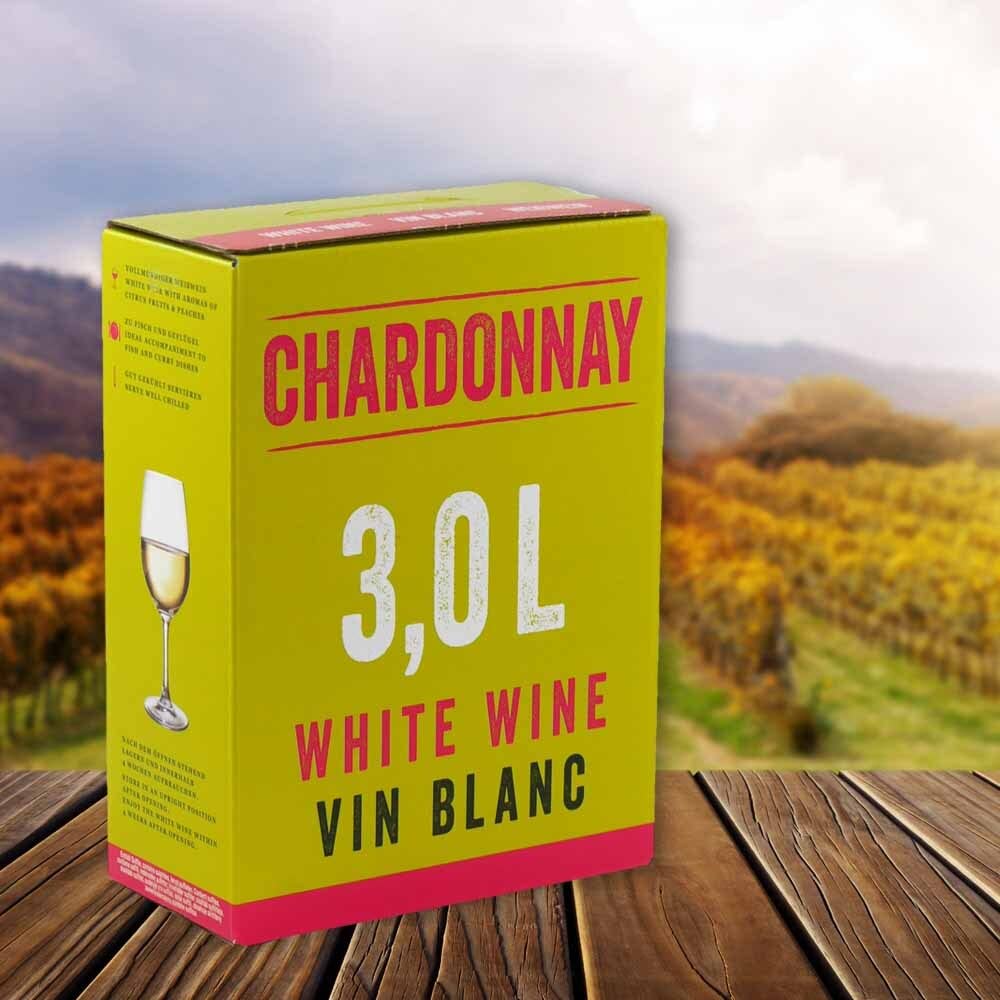 Neon Chardonnay, trocken, Bag-in-Box, sortenreines Weinpaket + VINOX Winecards (4x3,0l)