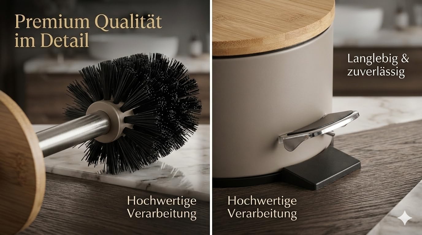 Badaccessoire-Set 2-teilig – Toilettenbürste & Kosmetikeimer mit Absenkautomatik für Bad & Gäste – Mattes Design & Bambusdeckel – Soft-Close-Technologie (Taupe)