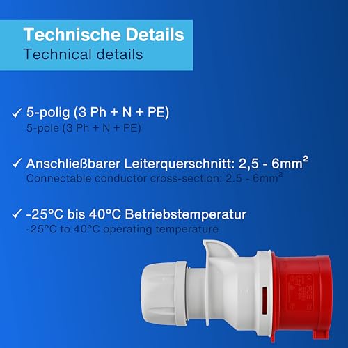 REV CEE-Stecker, 400V, 32A, 5-polig, 3Ph+N+PE, wasserdicht IP44, rot