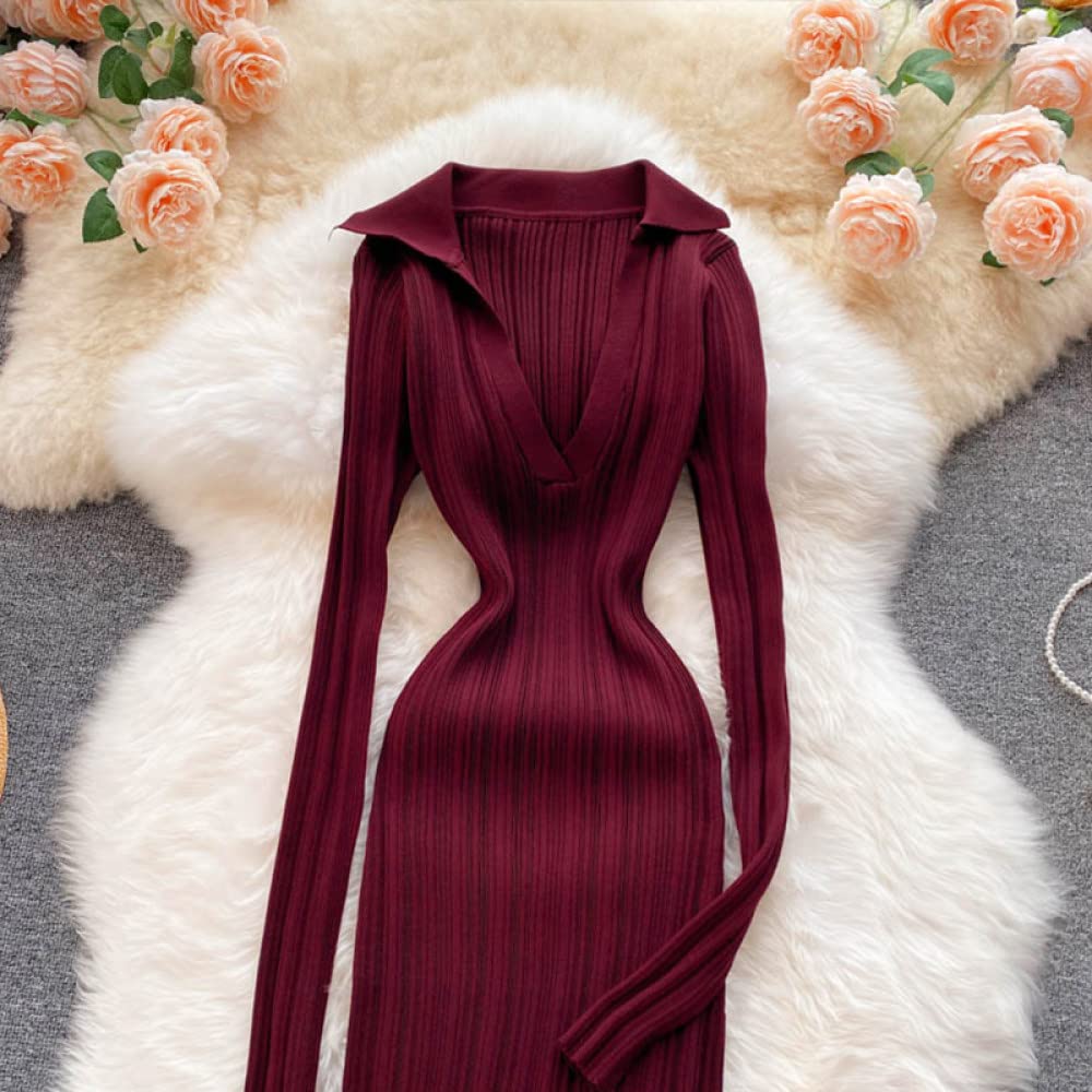 HAIBI Femme Longues Manches Robe Tricotée À Manches Longues Élastique Slim Crayon Robes Automne Sexy Moulante Split Robe Pull, Vin Rouge, Taille Unique