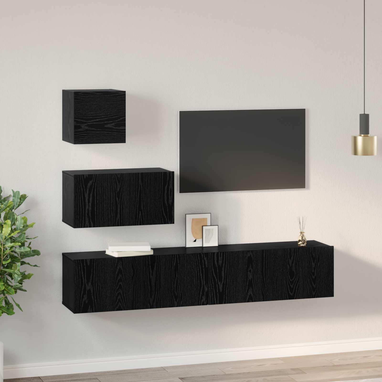 Juego de 3 muebles de TV colgantes, mueble bajo con aspecto de roble negro, tablero de TV montado en la pared de madera para el salón