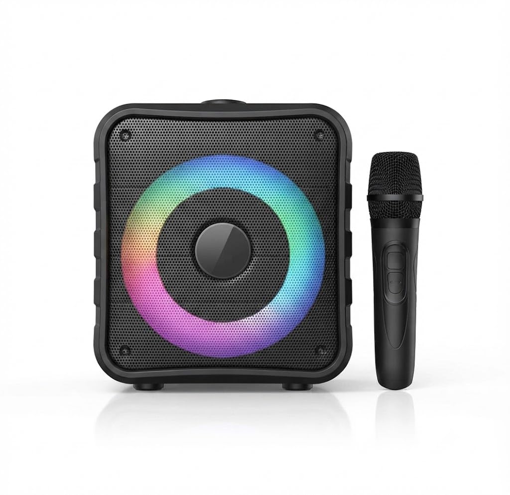 (10 year warranty) portable wireless bluetooth speaker with wireless microphone, rgb led light ring, rechargeable compact speaker system for music, karaoke and everyday audio use