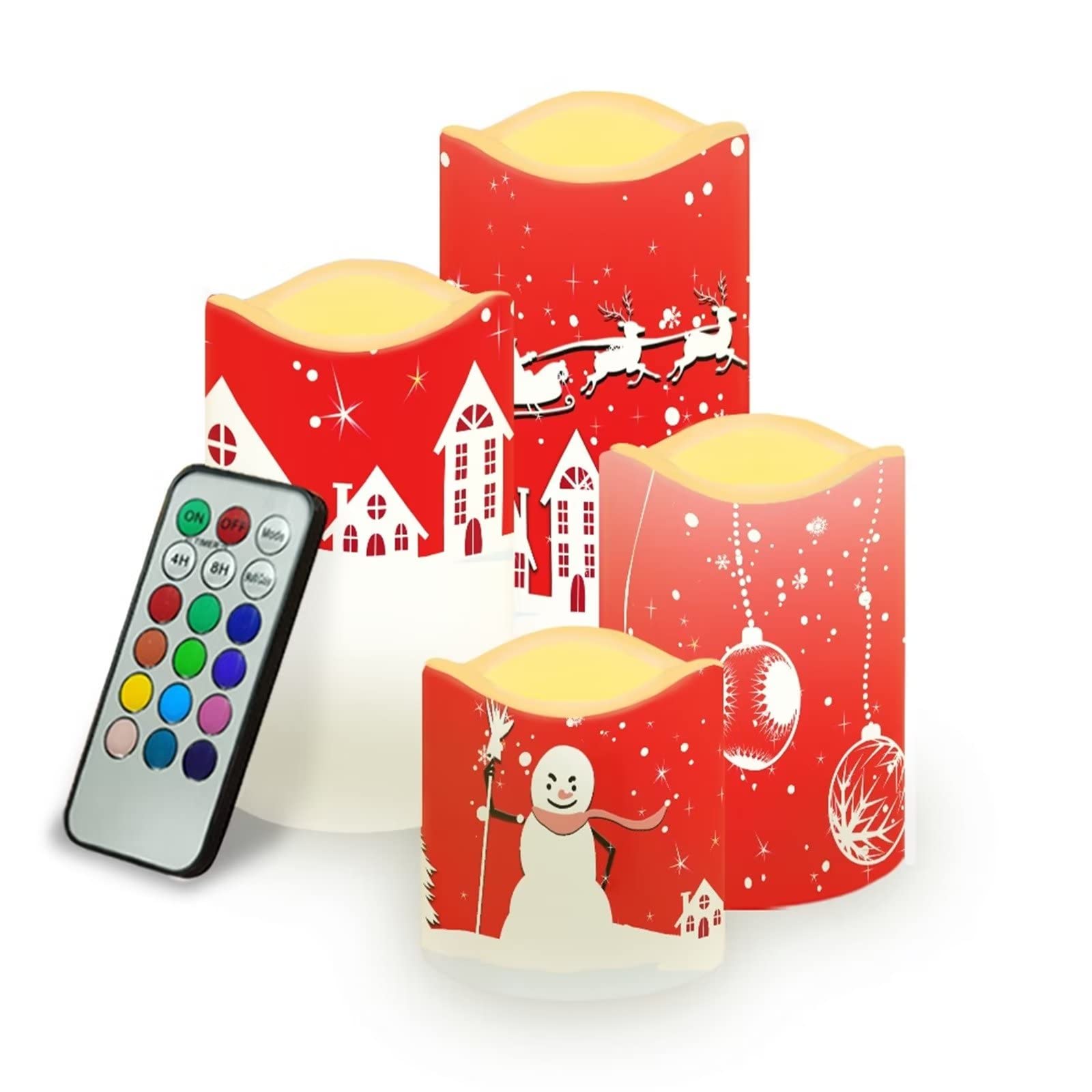 DISNIMO Velas de pilar LED de Navidad, velas sin llama, velas parpadeantes, funciona con pilas, control remoto de 18 teclas y temporizador para decoración de bodas, fiestas y vacaciones, juego de 4