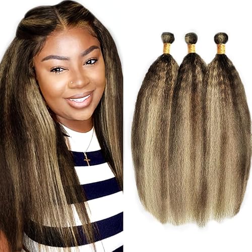 P4/613 Blonde Bundles Human Hair Kinky Straight Bundles 22 24 26 Inch Unprocessed Brazilian Virgin Remy Hair Brown 3 Bundle Honey Blonde Yaki Straight Human Hair Extensions 50 Gram Per Bundle
