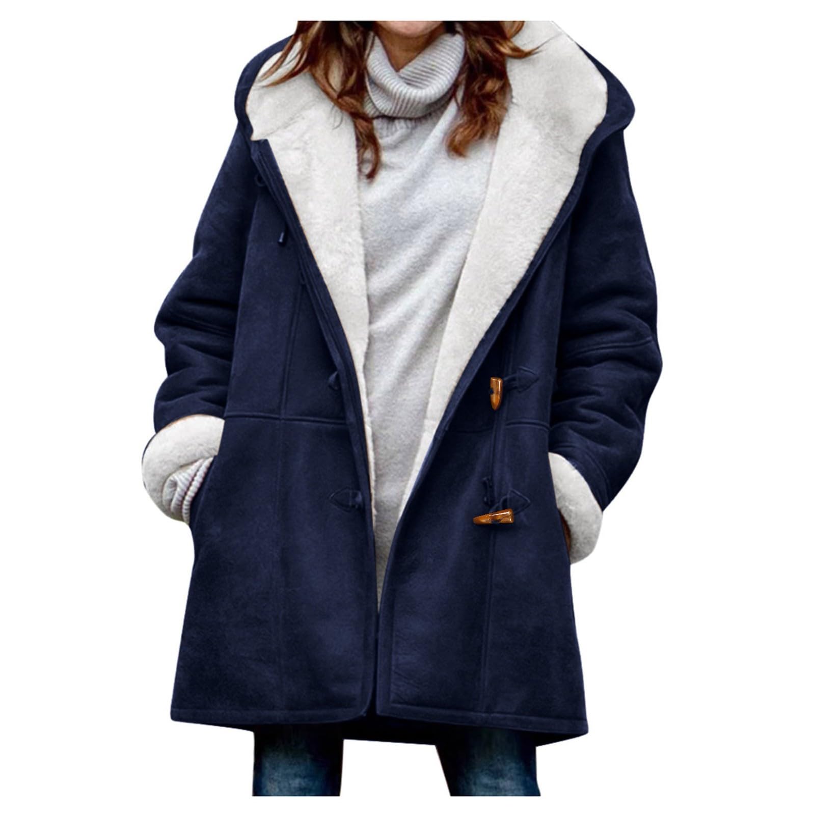 Saymany Fleecejacke Damen Lang Sweatjacke Winter Warm Hoodie Jacke Lose Winterjacke Lammfell Fleece Kapuzenjacke Langarm Mantel Outwear Mit Taschen Einfarbig Outdoor Croissant Schnalle Wintermantel
