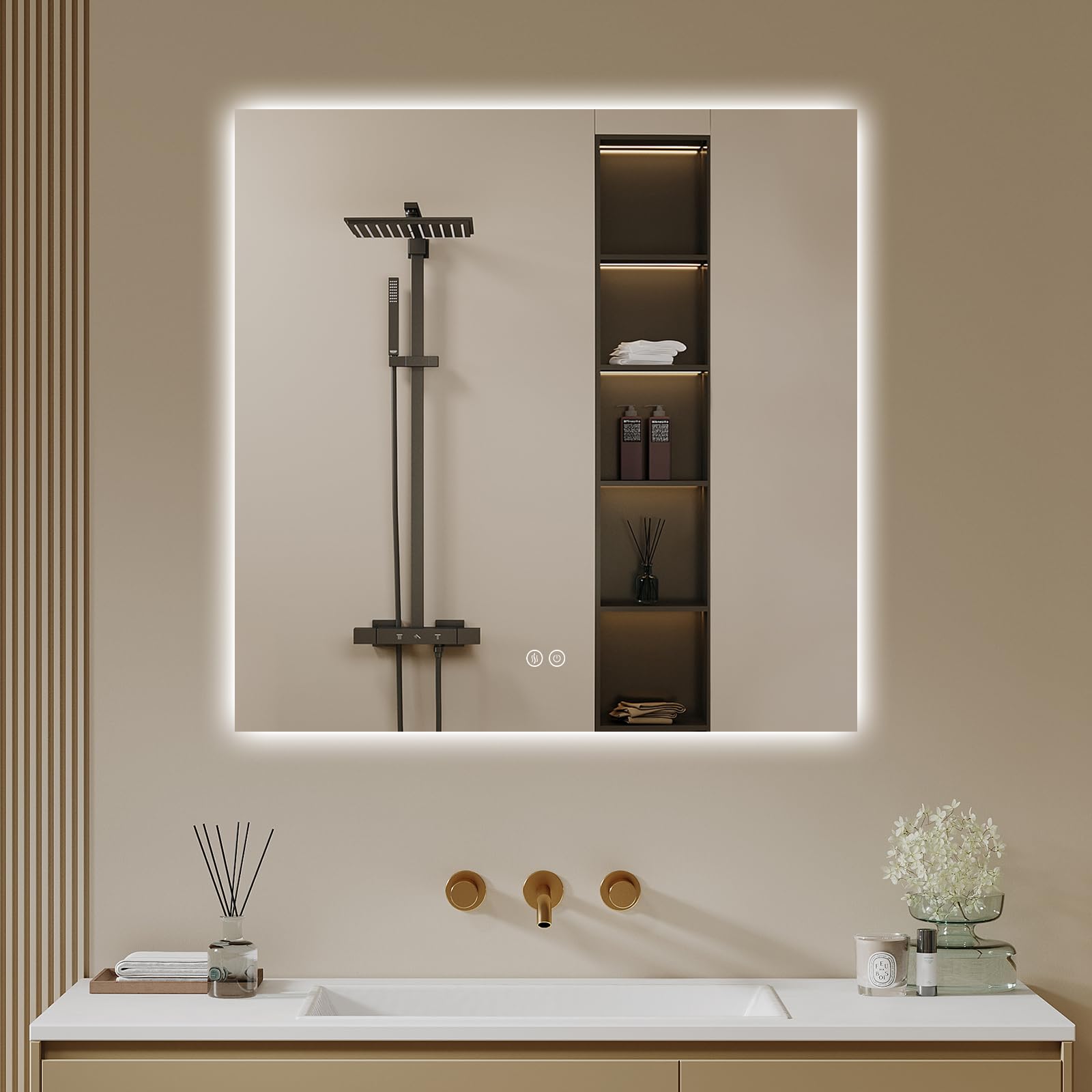Badspiegel-mit-Beleuchtung 60x60cm LED Badezimmer Spiegel mit Beschlagfrei