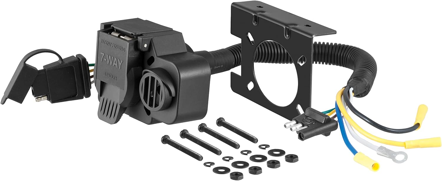 CURT 57102 Dual-Output 4-Way Flat Vehicle-Side to 7-Way RV Blade Trailer Wiring Adapter with Backup Alarm