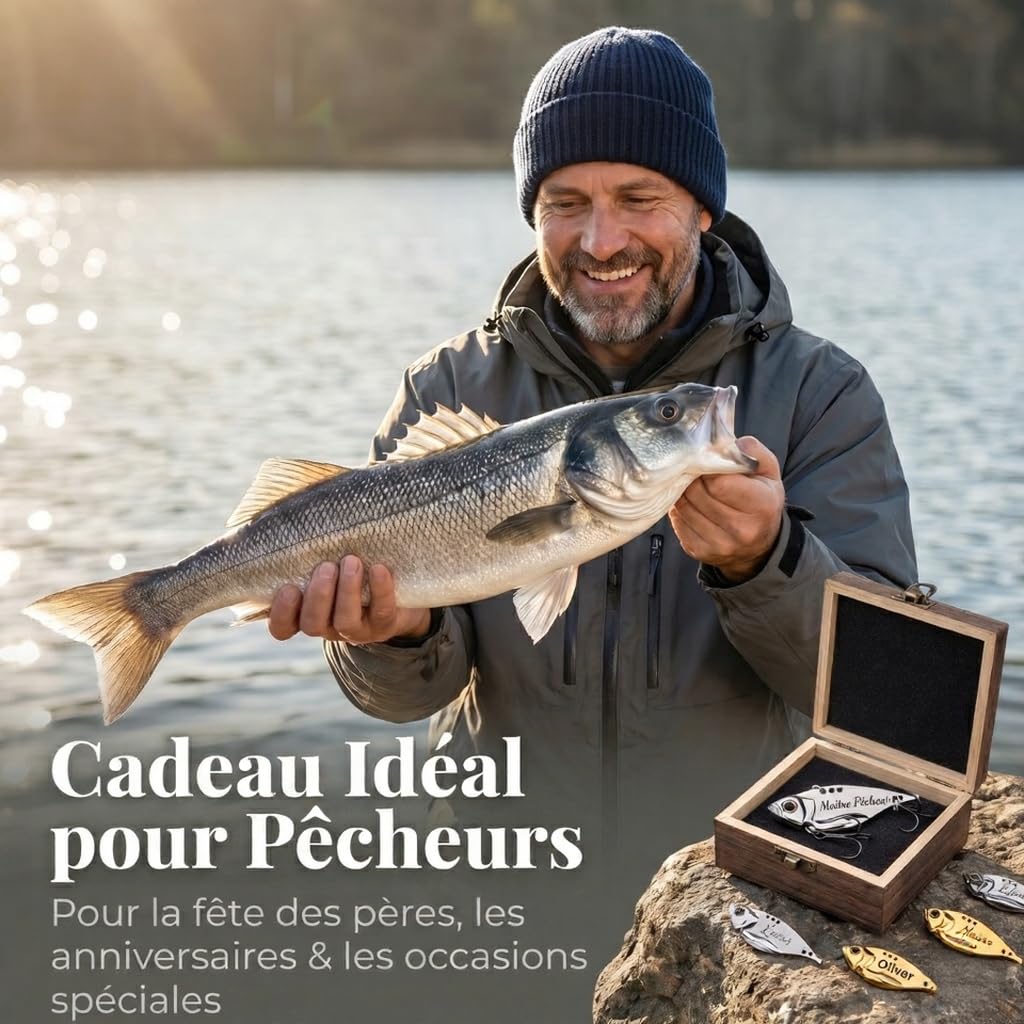 Cadeau Fete des Peres Leurre Peche Personnalisé avec Texte Gravé Cadeau de Pêcheur Hamecon Peche avec Boîte en Bois Accessoires de Pêche pour Homme Papa Cadeaux pour Anniversaire