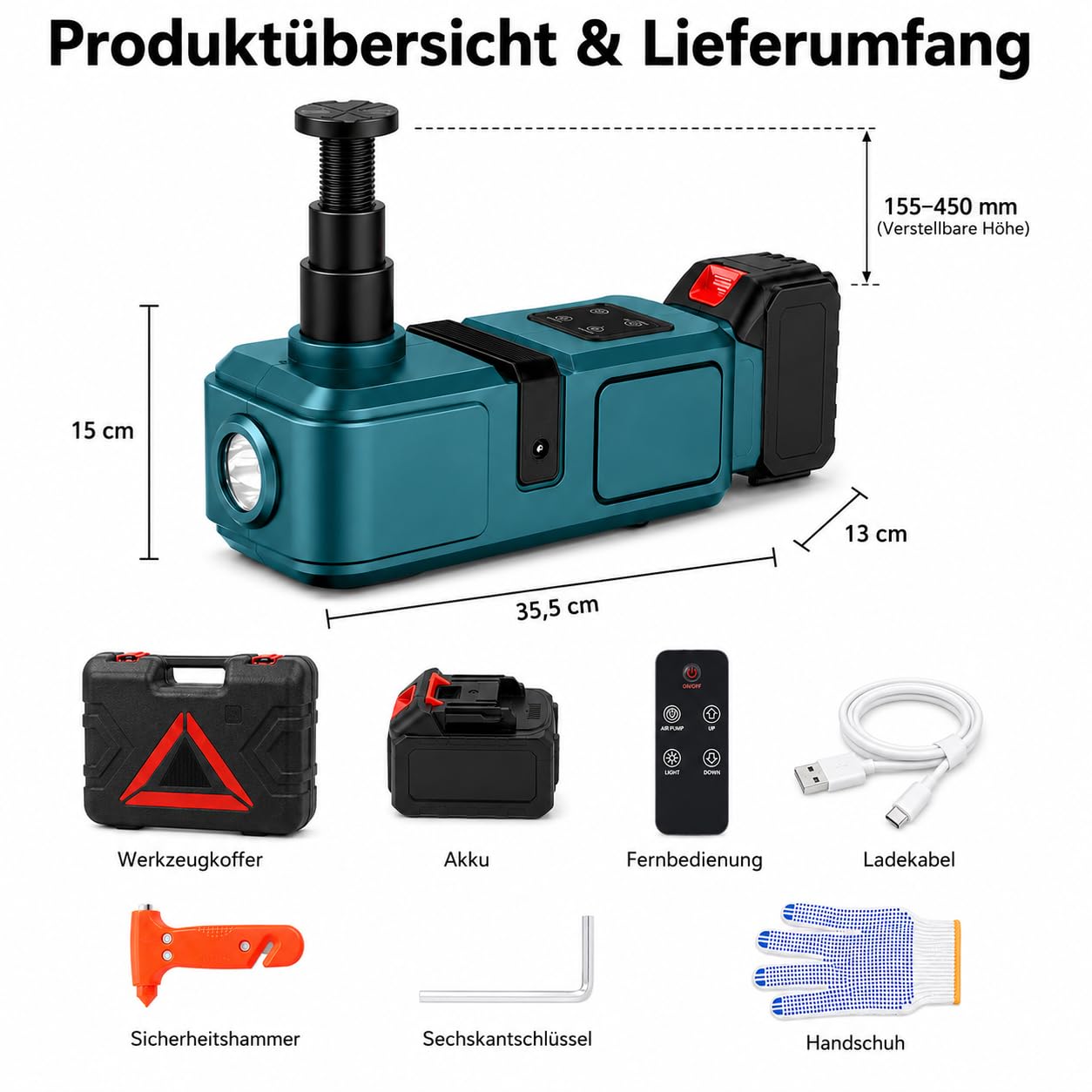 Elektrisch Wagenheber 5T mit Akku, 15,5-45cm Hubbereich