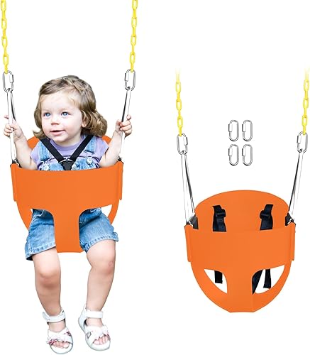 Asiento de columpio de respaldo alto para niños pequeños con arnés de seguridad ajustable de 3 puntos, cadena desmontable de 66 pulgadas, adecuado