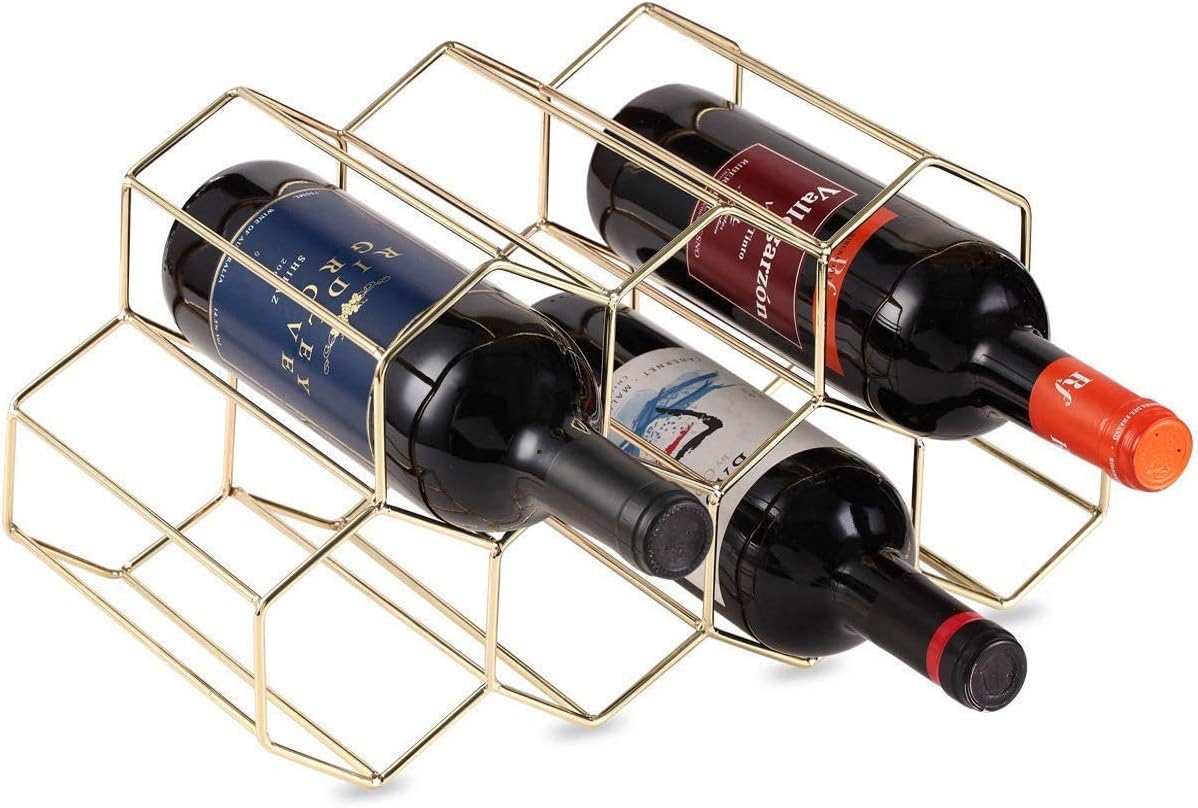 DCIGNA Gold Wine Rack Countertop, Freestanding Bottle Holder, Tabletop Wine Rack 7 Bottles - Metal Brushed Gold and Geometric Design for Cabinet Home Décor (Gold - 7 Bottles)