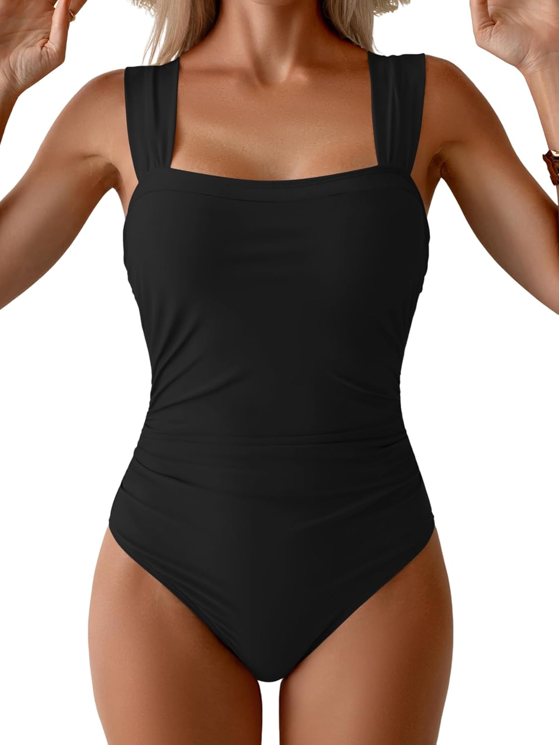 Women's One Piece Swimsuit Modest Tummy Control Bathing Suit Ruched Slimming Color Block Swimwear