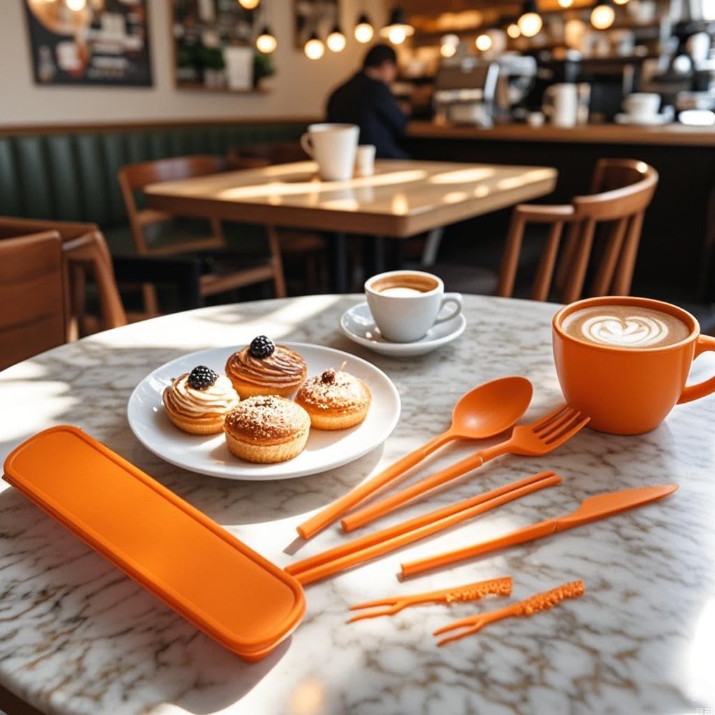 Straw Portable Travel Utensils with Case, Reusable Camping Utensil Sets for Lunch Box Cutlery Set - Plastic Portable Spoon and Fork Set with Case Daily Use Outdoor (Orange)