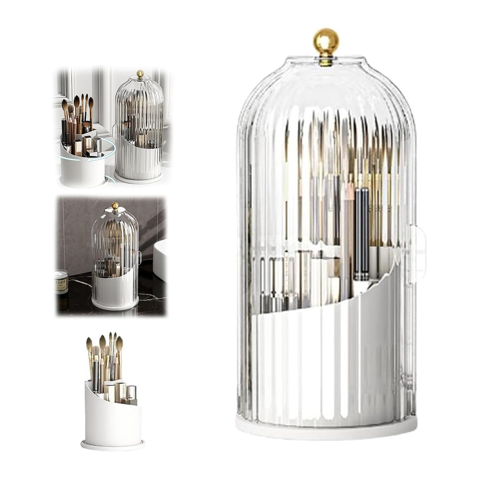 Zorkkra White 360° Rotating Makeup Organiser With Lid, Cosmetic Brush Holder For Dressing Table, Dustproof Makeup Storage For Lipstick Skincare, Rotatable Toothbrush Holder For Bathroom (White)