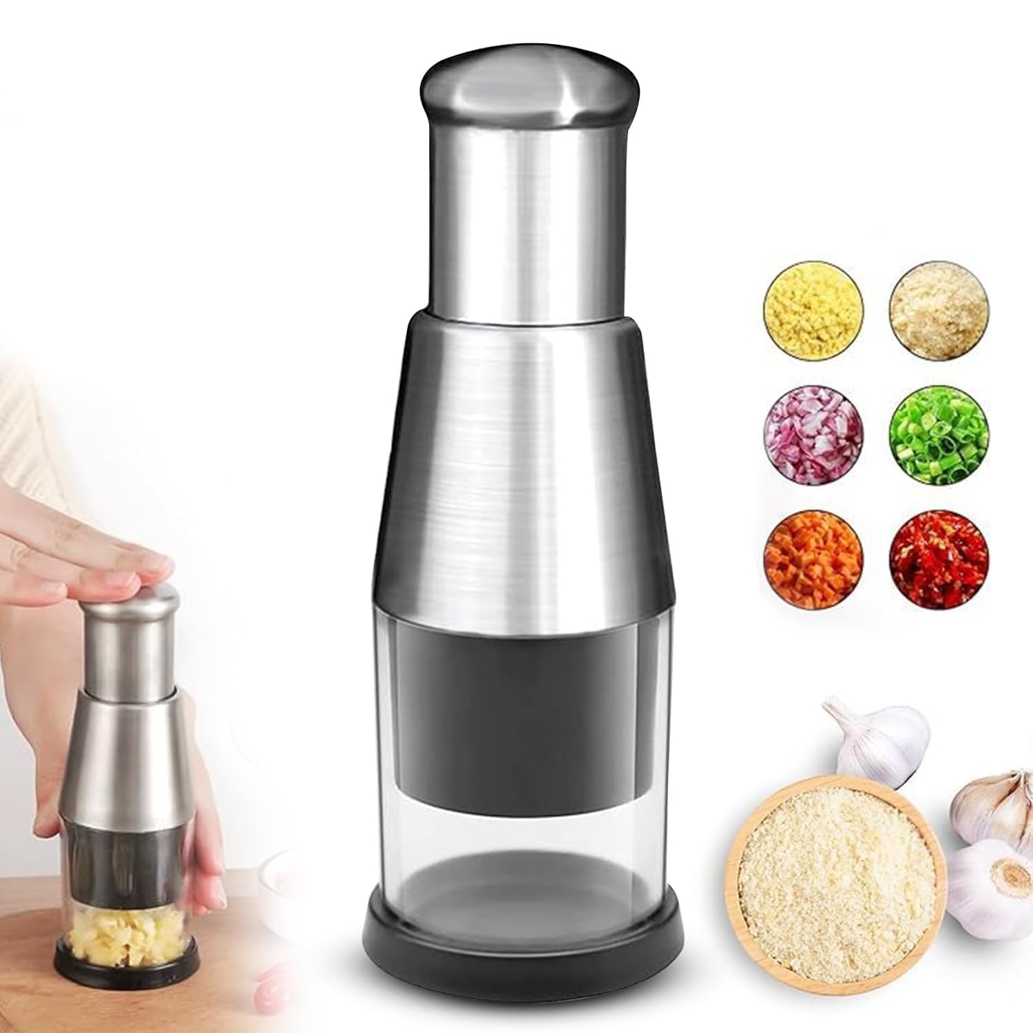 PANCA Push Chopper for Kitchen | Manual Vegetable Cutter with 5 Sharp Blades | Onion, Garlic, Tomato, Potato, Salad & Food Chopper | Kitchen Accessories (Garlic Chopper)