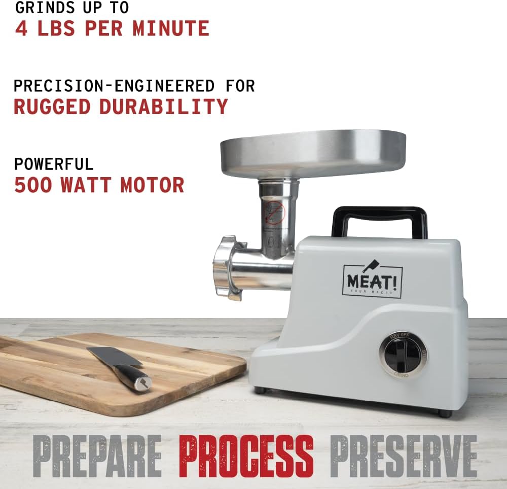 MEAT! 500 Watt Pro-Grade Meat Grinder #12 with Electric Motor, Coarse and Fine Grinding Plates, Stuffing Tubes, For Meat Grinding, Sausage Stuffing, and Meat Processing