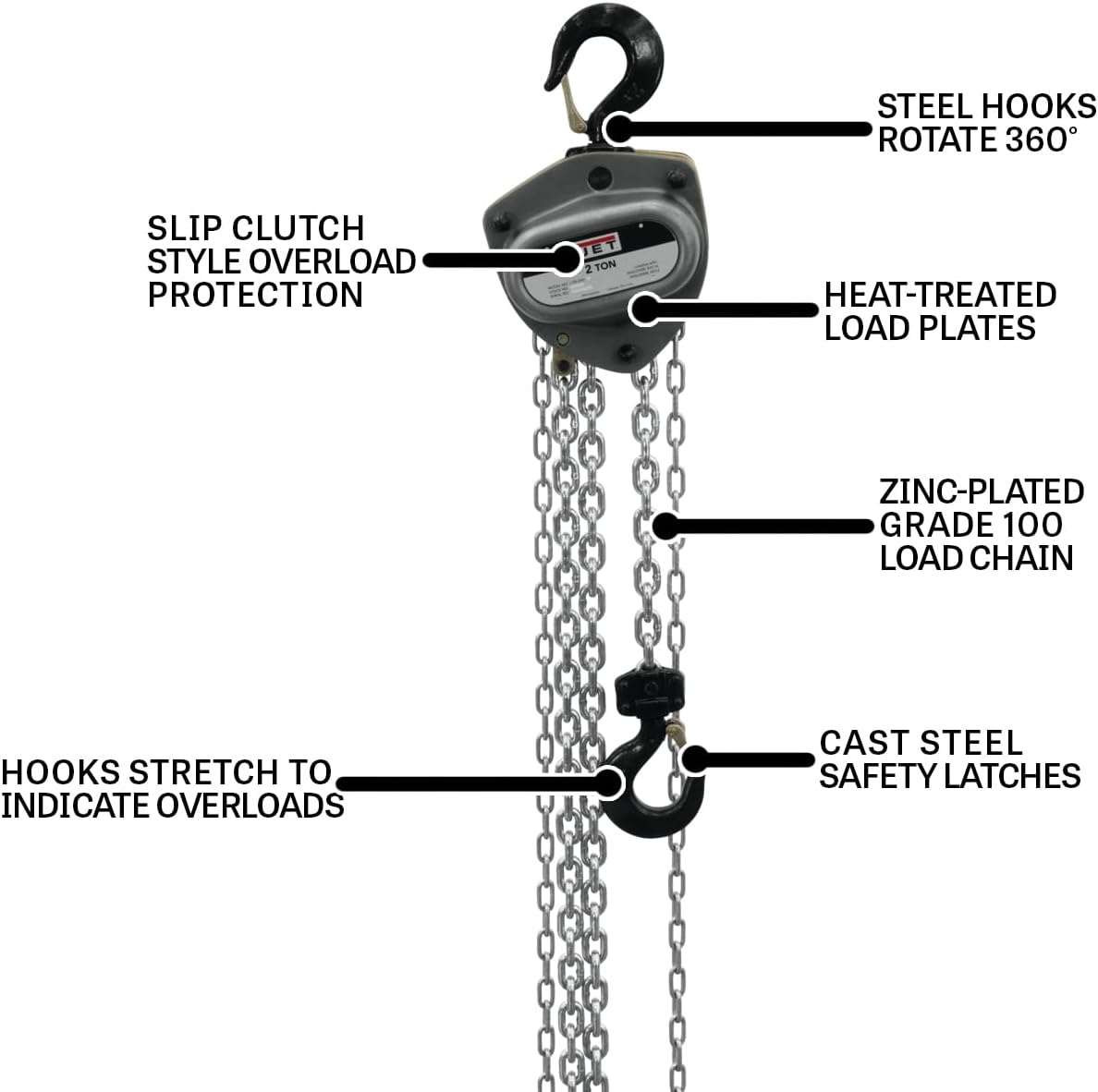 JET 2-Ton Hand Chain Hoist, 30' Lift, Overload Protection (L-100-200WO-30)