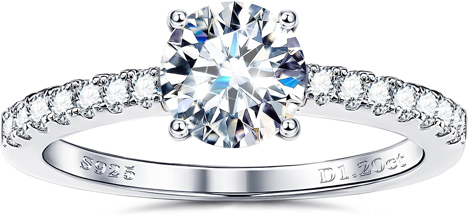 Diamday1.20CT Moissanite Engagement Rings for Women D Color VVS1 Clarity Brilliant Round Cut Solid S925 Sterling Silver Solitaire Lab Created Diamond Moissanite Wedding Bands for Women