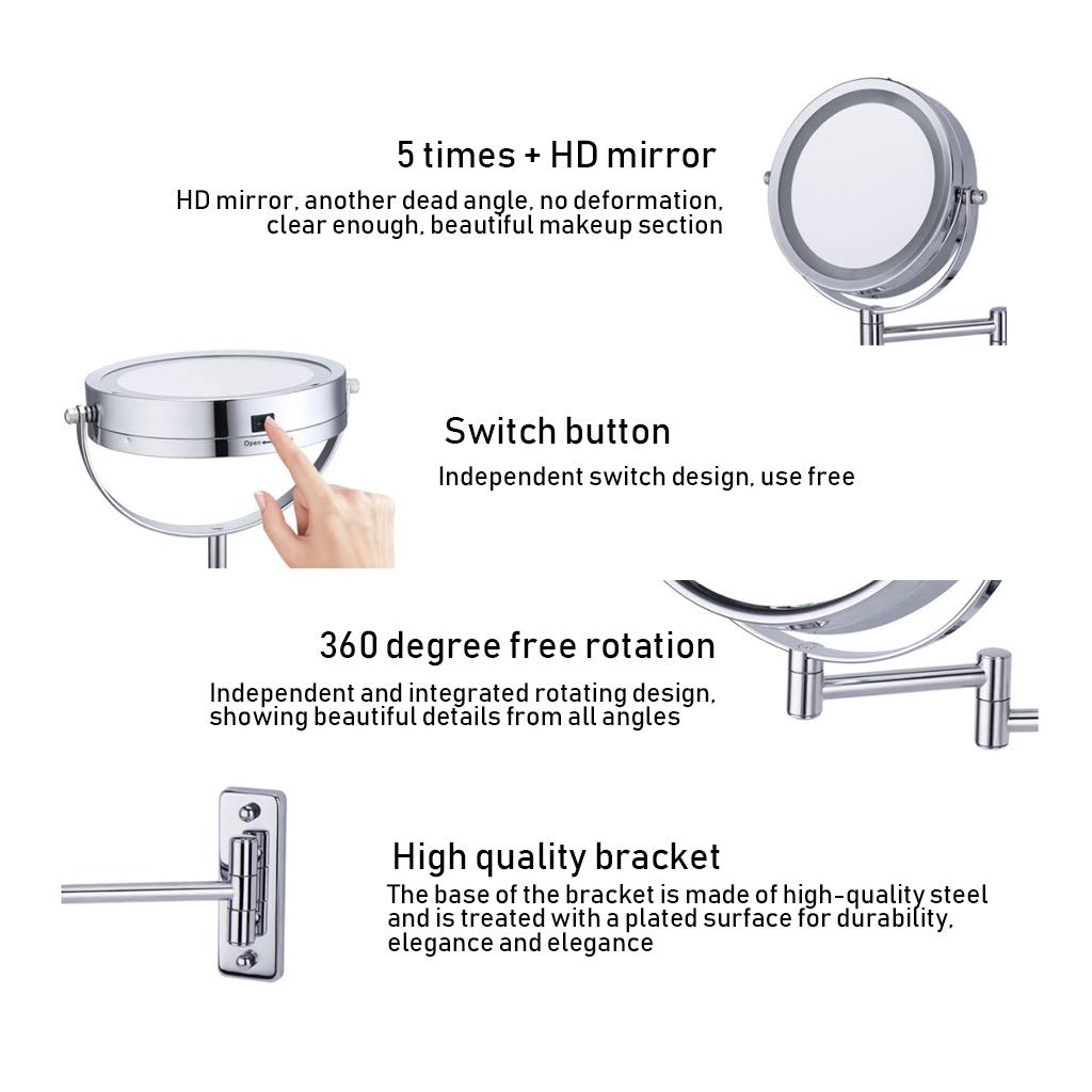 Specchio da Toilette Specchio da Bagno bifacciale a LED Specchio cosmetico telescopico Pieghevole a Parete Specchio ingranditore 5X Specchio di Bellezza