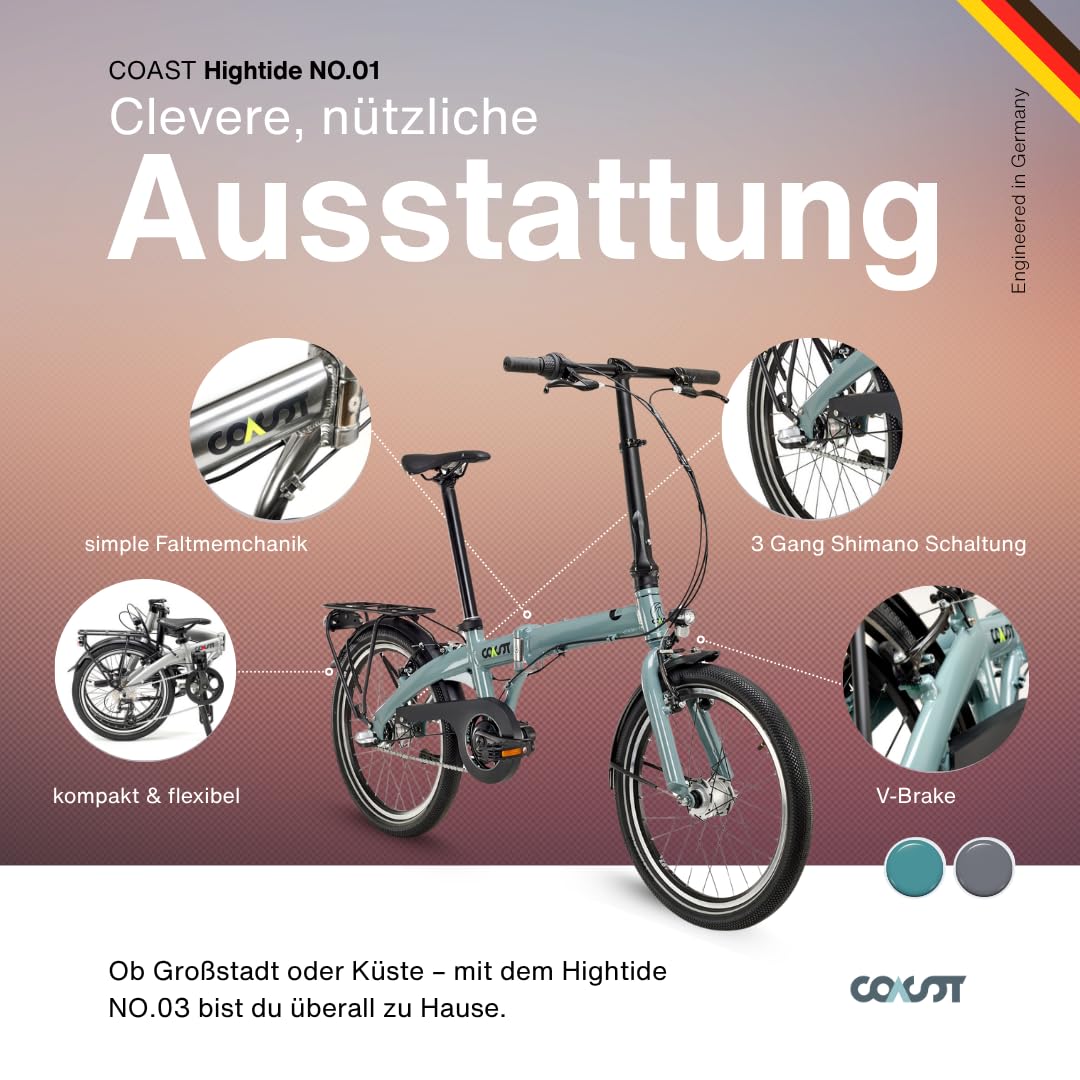 COAST Faltrad 20 Zoll Bikes Hightide No. 01 3-Gang – ultraleichtes Klapprad faltbar für Stadt & Bahn, Citybike für Damen & Herren, 3-Gang, Anthrazit Sport & Freizeit