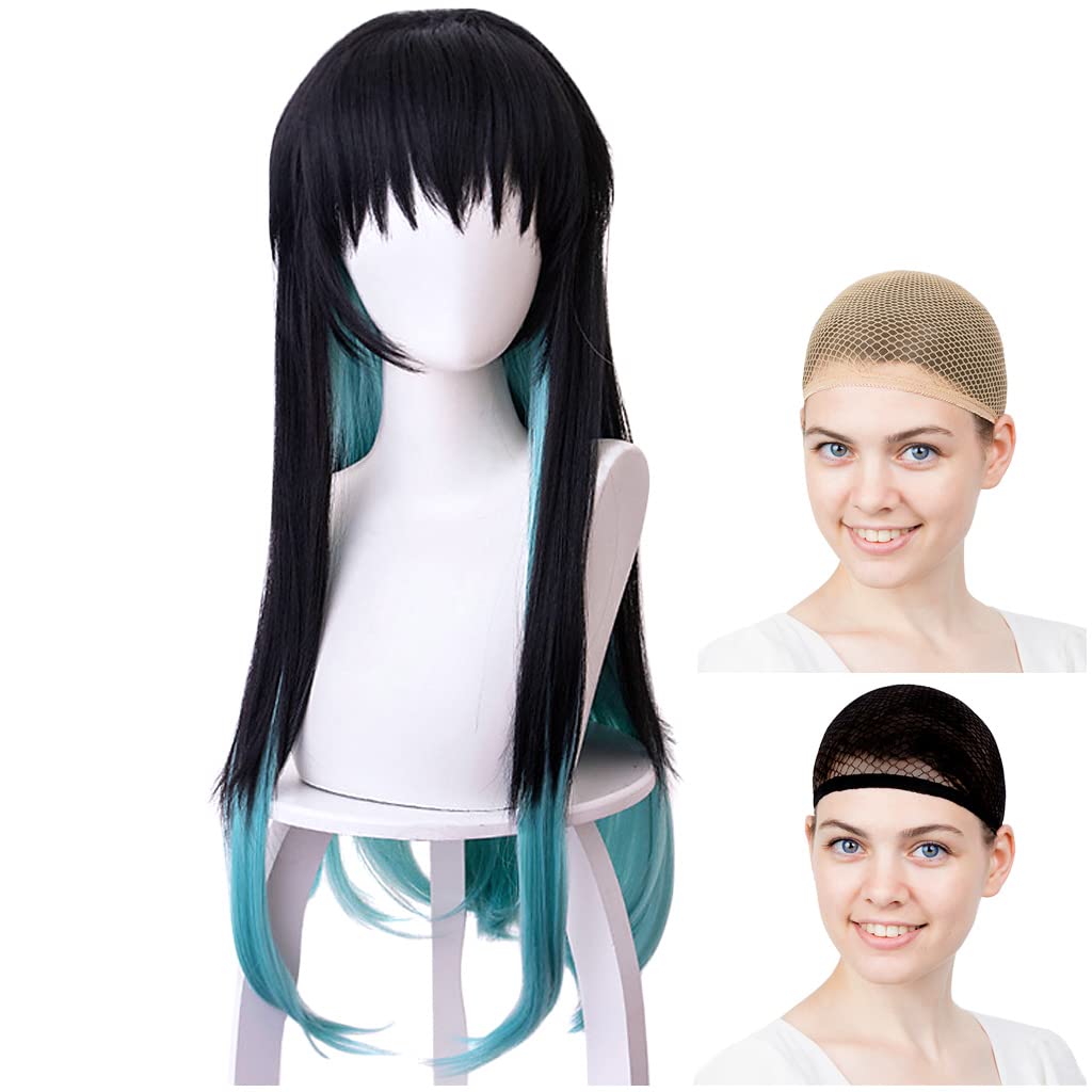 CaseEden Cosplay Wig, Muichiro Tokito Mist Hashira, Long, Black, Light Blue, White Melce Wig Net, Set of 2