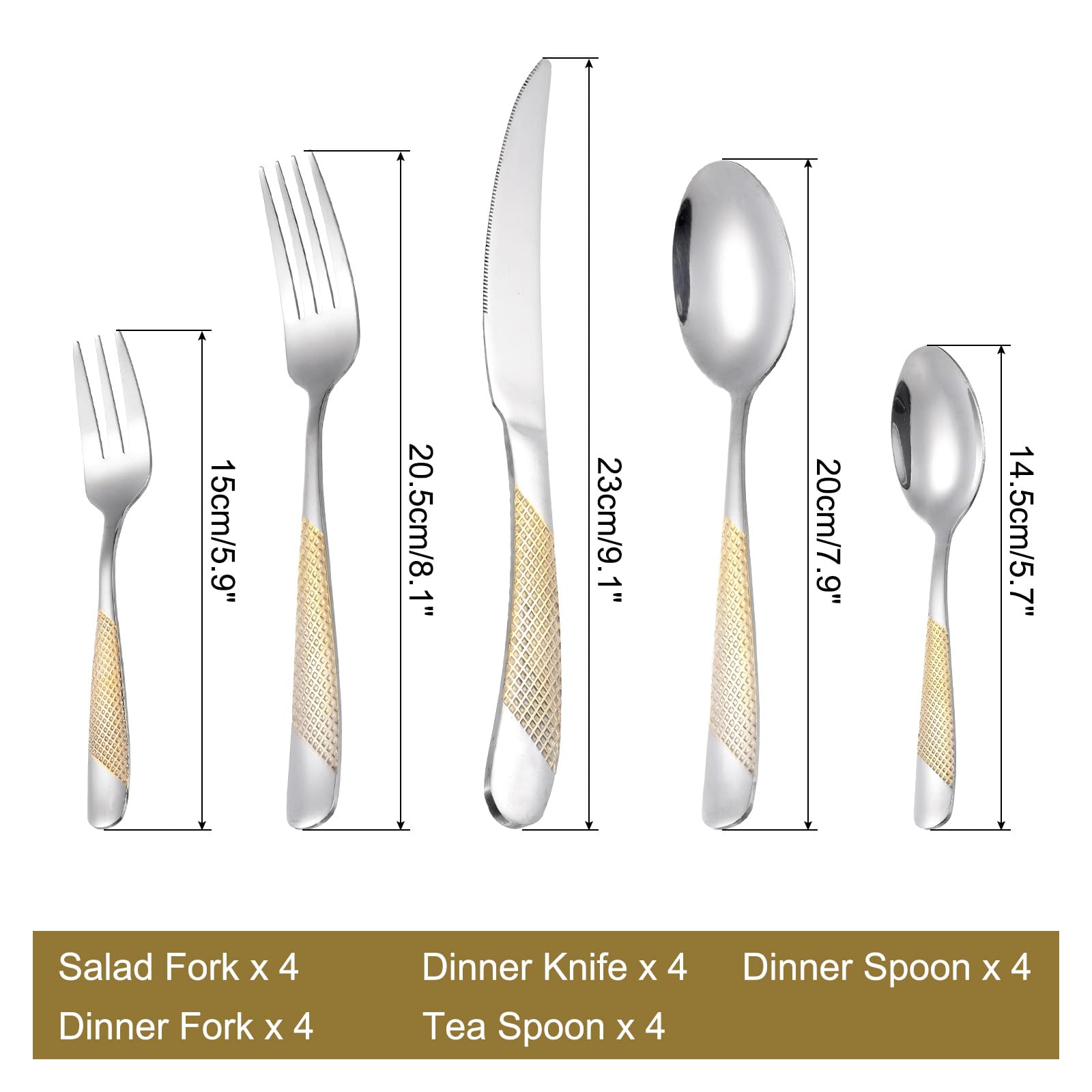 QUARKZMAN 4 Set Edelstahl Besteck Set Silber/Gold Besteck Set Enthält Messer Löffel Gabeln Für Zuhause Küche Restaurant