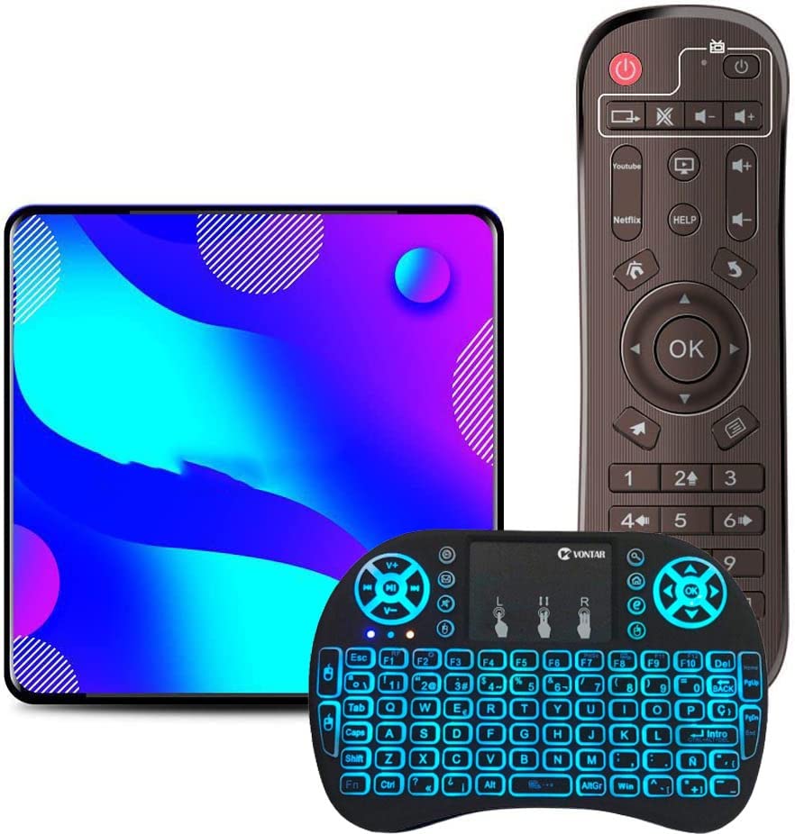 AMITVAAndroid TV Box 11.0, Smart TV Box 4GB RAM 128GB ROM RK3318 Quad Core Supports 2.4G/5G Wifi Ethernet 100M BT4.0 3D 4K HD Output Smart TV Box with Mini Wireless Backlit Keyboard,2gb+16gb