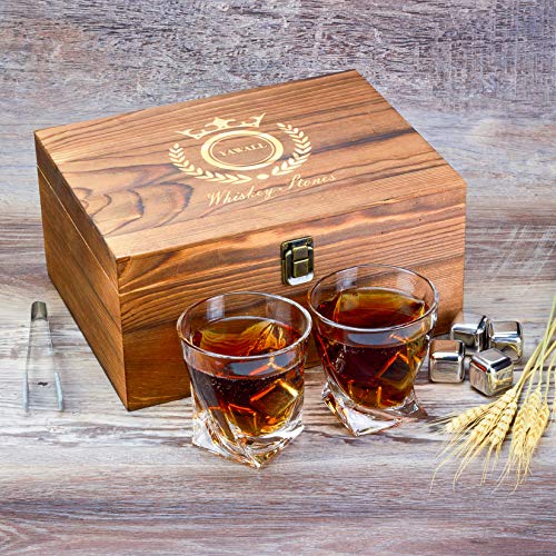 Whiskey Stones and Glass Set, Gifts for Him,Men,Father,Husband,Friends, 8 Stainless Steel Reusable Metal Ice Cubes, 2 Glasses Wooden Boxed with Ice Tong, Gift for Xmas Thanksgiving Anniversary