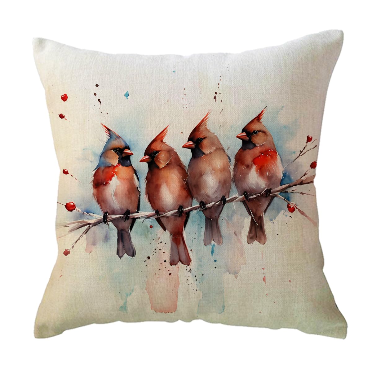 ULOVE LOVE YOURSELF Watercolor Birds Decorative Pillow Covers Red Cardinal Birds Perched on Branch Cushion Cover Winter Holiday