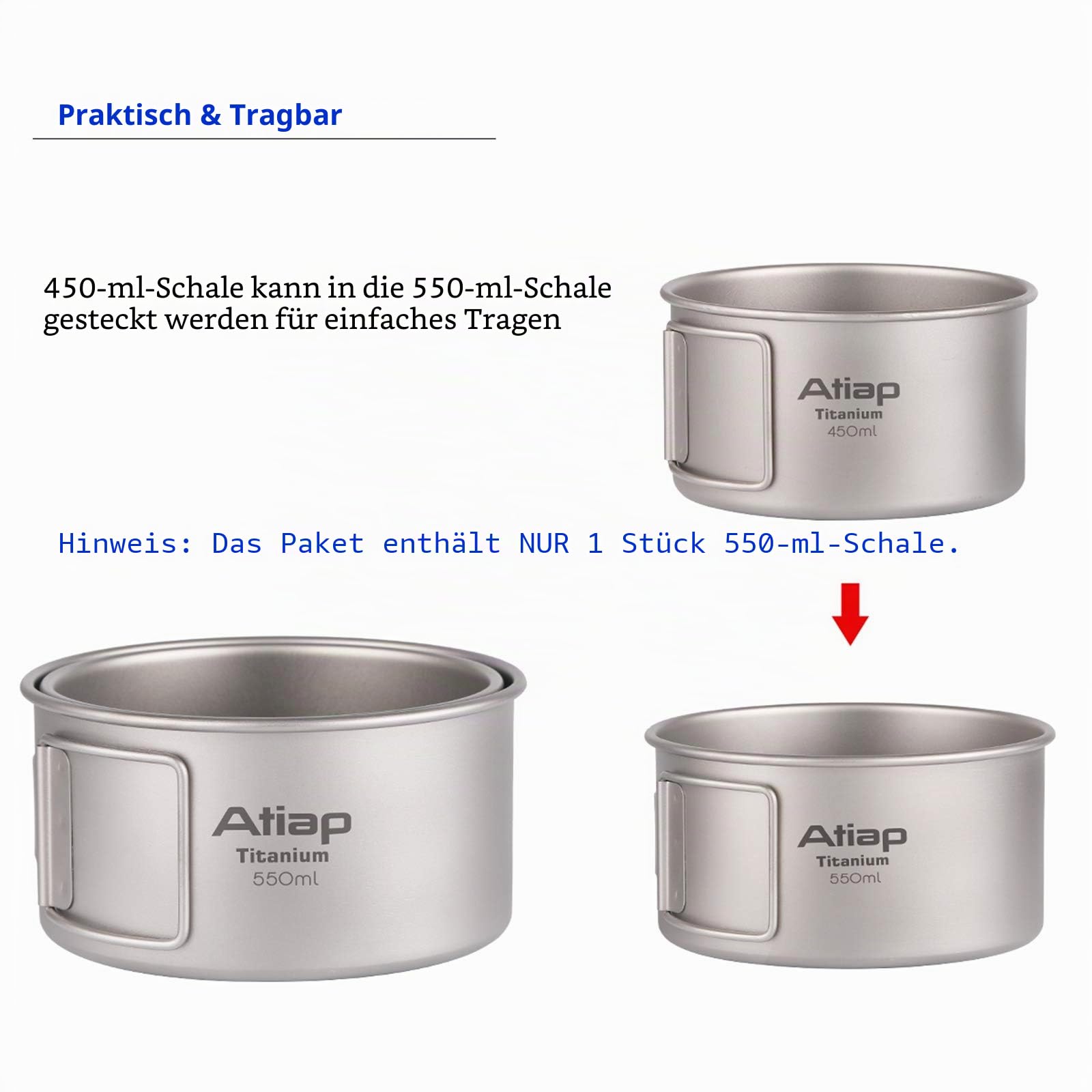 Titan-Schüssel-Topf mit faltbarem Griff, einwandige Titan-Kochgeschirr-Schüssel mit klappbarem Griff für Outdoor, Camping, Wandern, Picknick (550 ml)