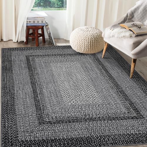 GAOMON Washable Rug 10x13 Large Area Rugs for Living Room Boho Braided Printed Rugs Minimalist Aesthetic Bedroom Rug Non Slip Accent Carpet Low Pile Non-Shedding Floor Cover Foldable Thin Mat Charcoal