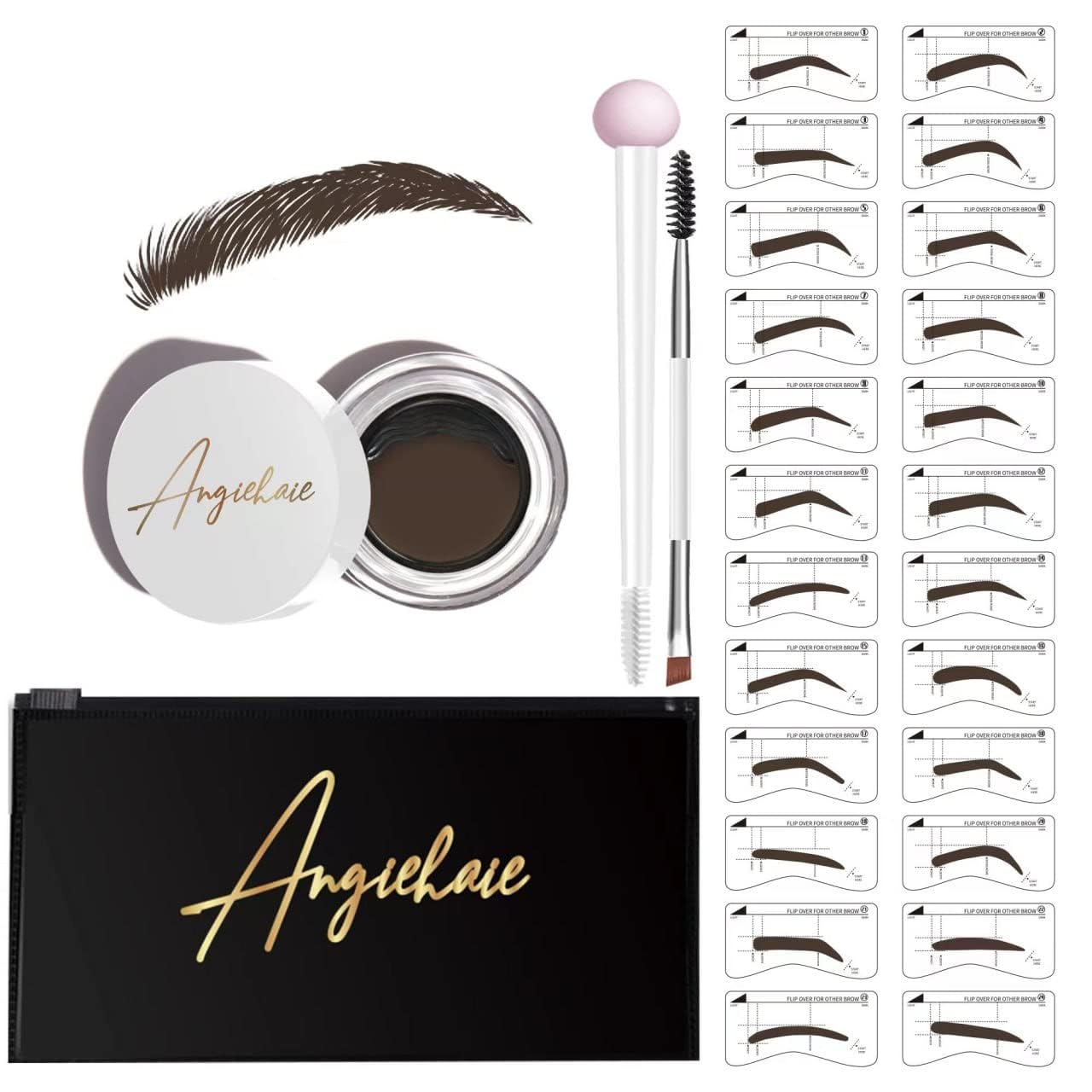 Eyebrow Stamp Stencil Kit, 24 Reusable Thick & Thin Eyebrow Stencils, Waterproof Brow Pomade, Dual-Ended Brush & Sponge Applicator for Perfect Natural Brows (Medium Brown)