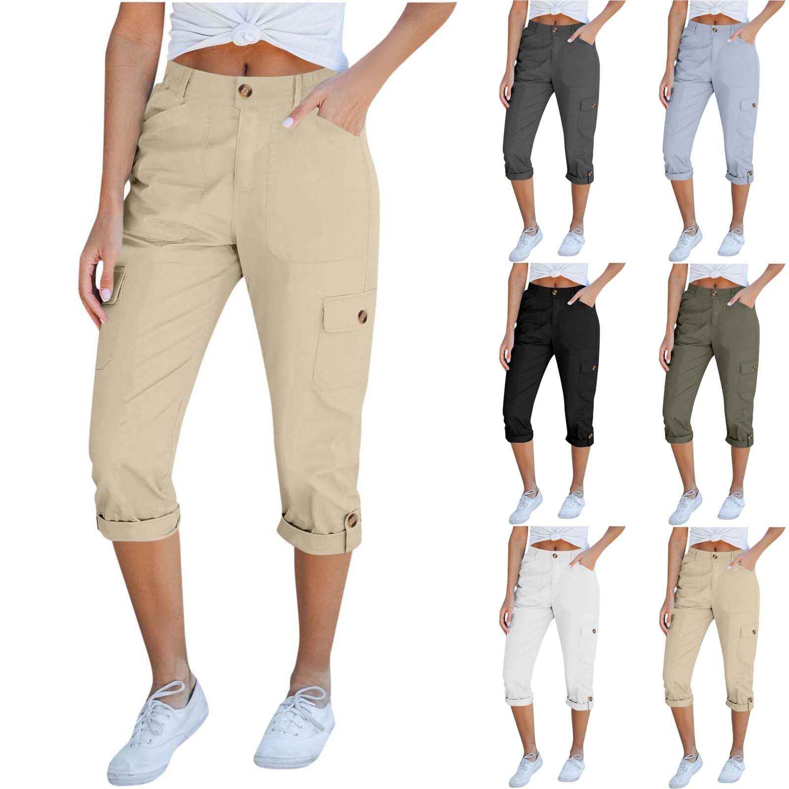 Cargo Pants Women Summer Button Capri Pants for Women with Pockets Lightweight Hiking Outdoor Travel Casual Trousers