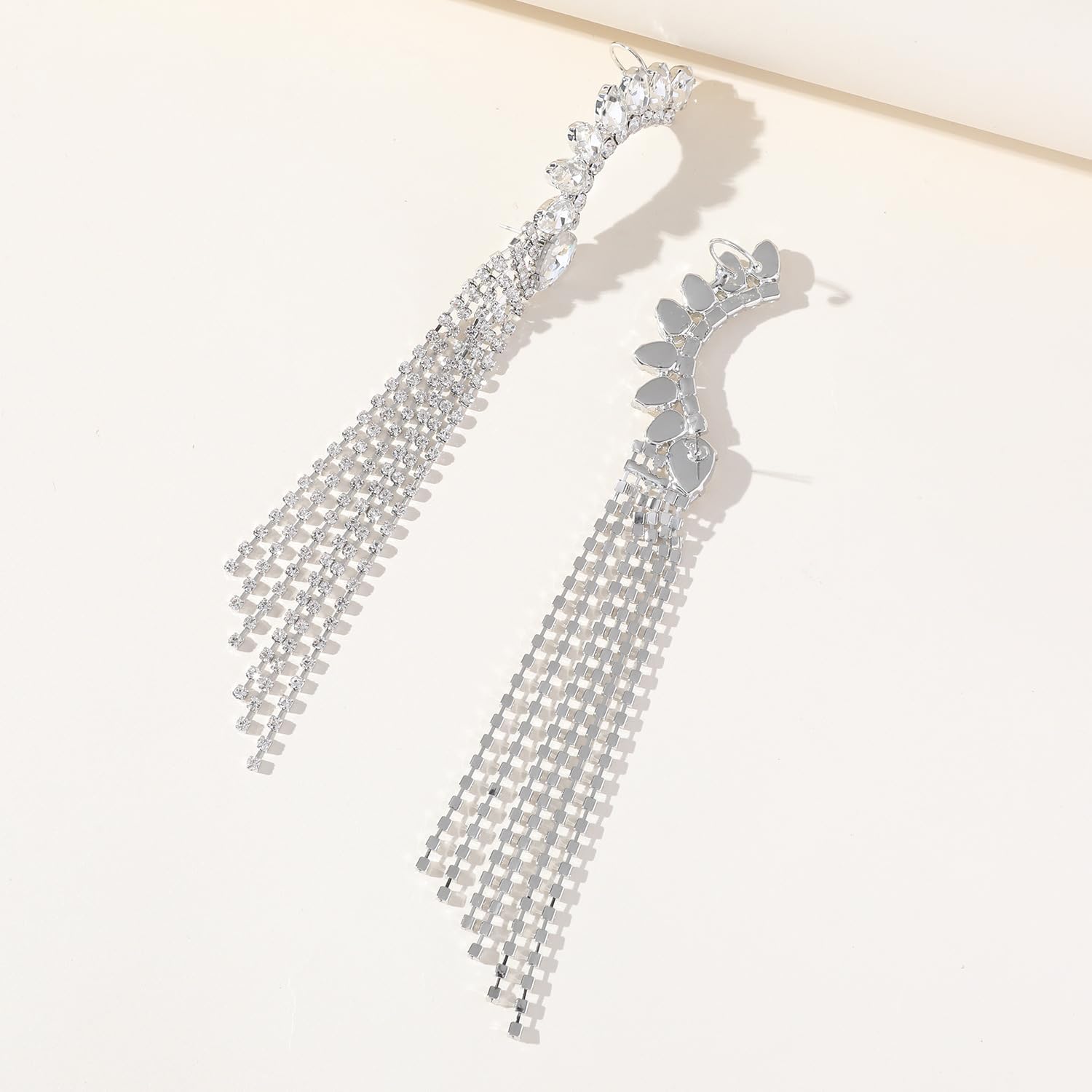 Dainty Rhinestone Ear Cuffs Long Tassel Dangle Silver Sparkling Crystals Ear Climbers Statement Bling Earrings for Women