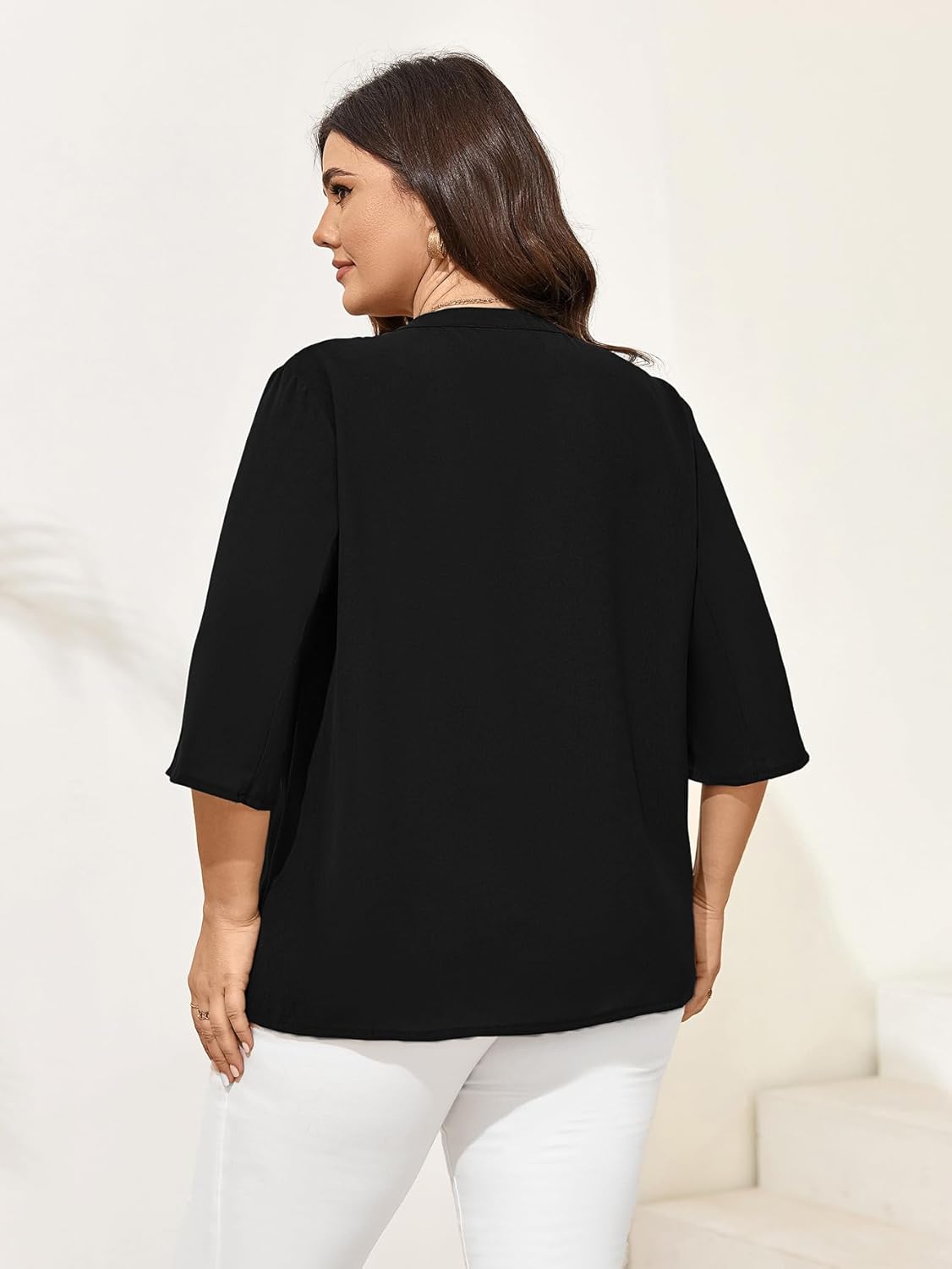 SCOMCHIC Women's Plus Size Blouses 3/4 Sleeve Dressy Tunic Tops Casual Loose V Neck Pleated Shirts - Image 4