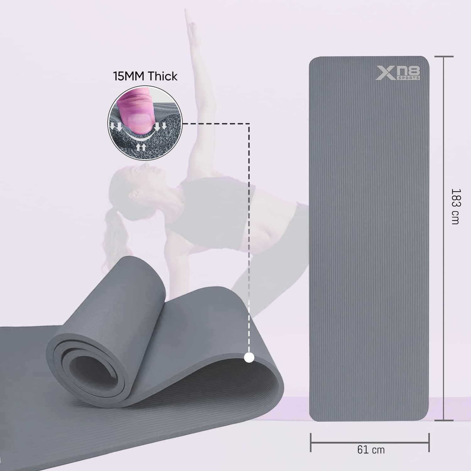 XN8 Yoga Mat 15mm Extra Thick High Density with carry Strap NBR Workout Mat for Women and Men Non Slip Exercise Mats for Home Workout Fitness Pilates Gym Outdoor and Floor Exercise