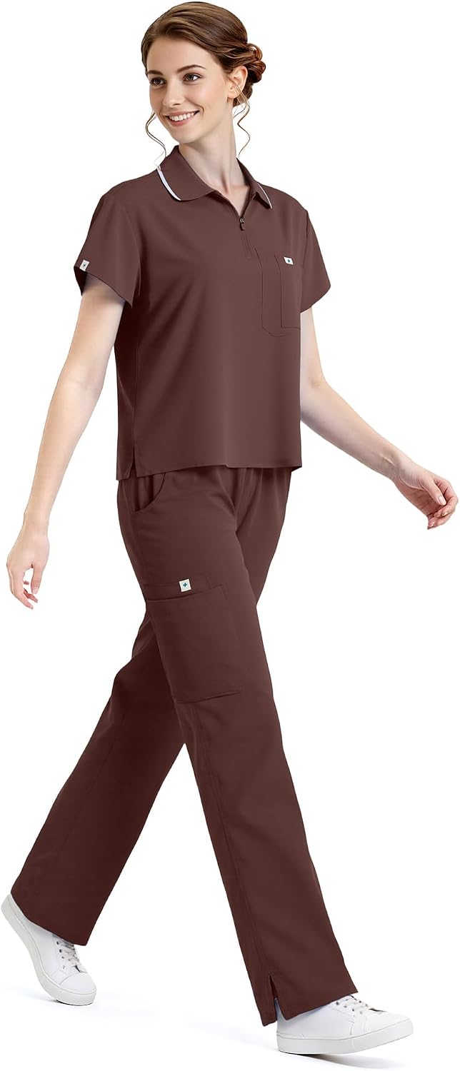 Medical Scrubs Uniform for Women - Cropped Zip-Front Polo Tops & Straight Leg Pants with 8 Pockets, Easy Care