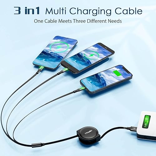 Miniatura 2 de Cable de carga múltiple 3A 4 pies 2 unidades Cable de carga múltiple retráctil 3 en 1 cable de carga con rayotipo Cpuerto micro USB para teléfonos