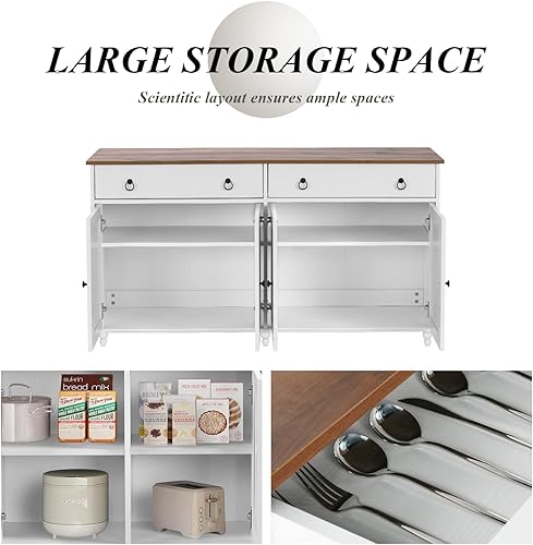 Miniatura 3 de Aparador de buffet, gabinete de almacenamiento de buffet de cocina de 55 pulgadas con 2 cajones y 4 puertas, buffets y aparadores modernos de