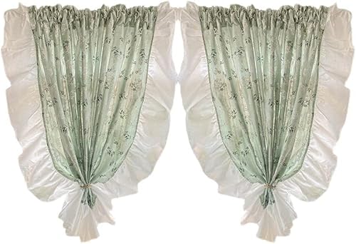 GKLLXC 2er Set Französischer Landhausstil Fenstervorhang Romantisches Blumenmuster Kurzer Küchenvorhang Halbtransparenter Volant Dekovorhänge Grün Breite 170cm,Höhe 100/150/180/220/250cm Cover